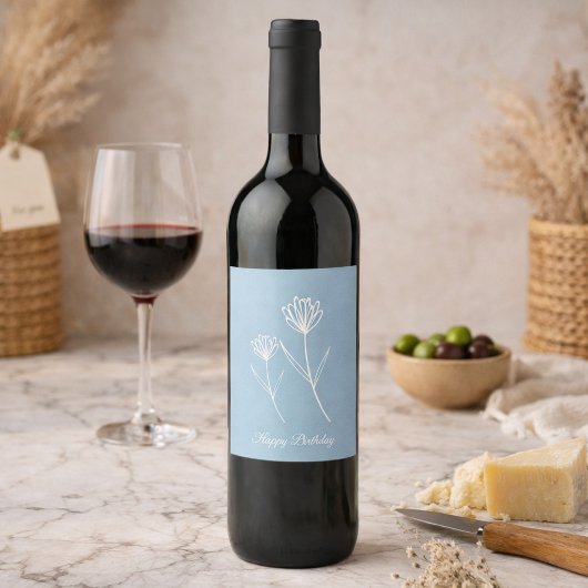 Elegant Dusty Blue Simple Flower  ワインラベル