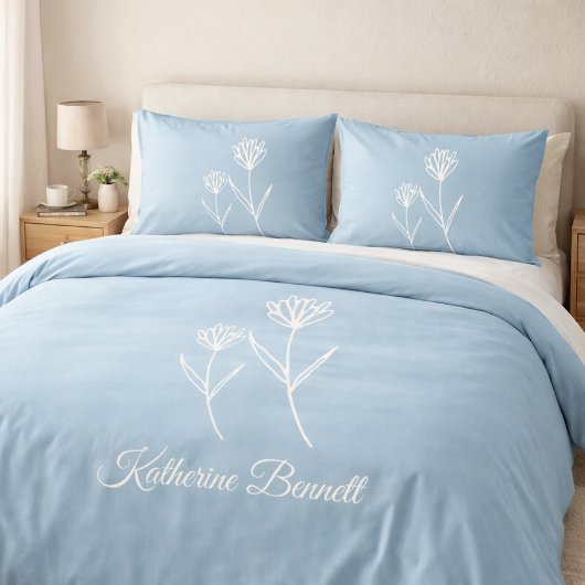 Elegant Dusty Blue Simple Flower  枕カバー