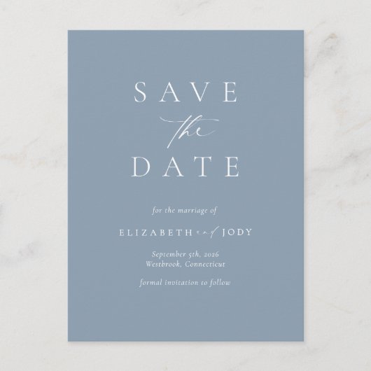 Elegant Dusty Blue Simple Save The Date ポストカード (正面)