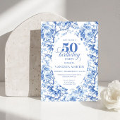 Elegant Dusty Blue Toile de Jouy 50th Birthday  招待状