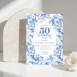 Elegant Dusty Blue Toile de Jouy 50th Birthday  招待状