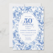 Elegant Dusty Blue Toile de Jouy 50th Birthday  招待状 (正面)