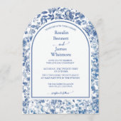 Elegant Dusty Blue Toile Floral Arch Wedding 招待状 (正面)