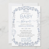 Elegant Dusty Blue Toile Floral Boy Baby Shower  招待状 (正面)