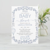 Elegant Dusty Blue Toile Floral Boy Baby Shower  招待状 (スタンド正面)