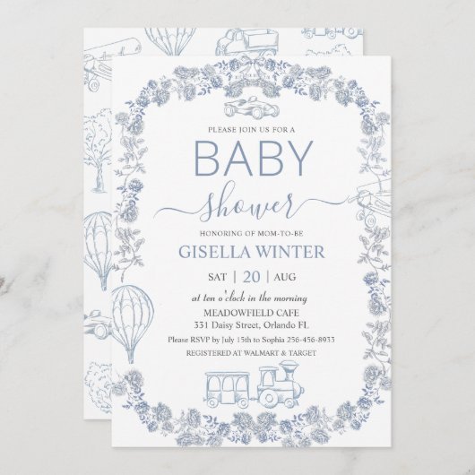 Elegant Dusty Blue Toile Floral Boy Baby Shower  招待状 (正面/裏面)