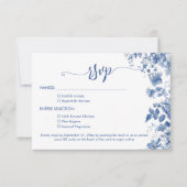 Elegant Dusty Blue Toile Floral  QR Code Wedding 出欠カード (正面)