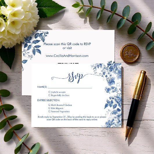 Elegant Dusty Blue Toile Floral  QR Code Wedding 出欠カード