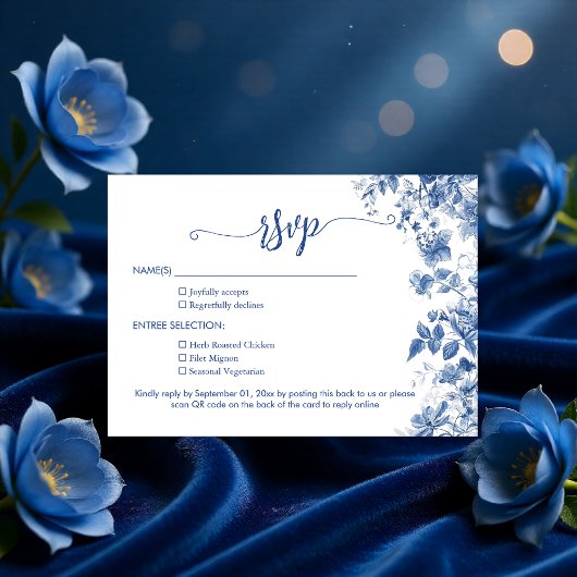 Elegant Dusty Blue Toile Floral  QR Code Wedding 出欠カード