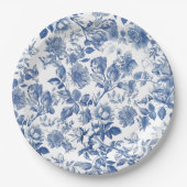 Elegant Dusty Blue Toile Floral Wedding ペーパープレート (正面)