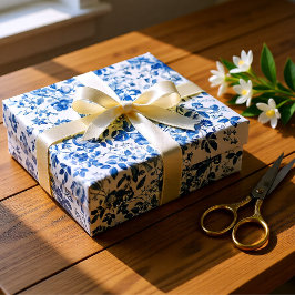 Elegant Dusty Blue Toile Floral Wedding ラッピングペーパー