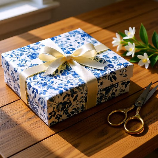 Elegant Dusty Blue Toile Floral Wedding ラッピングペーパー