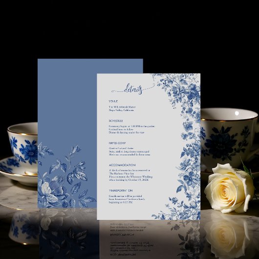 Elegant Dusty Blue Toile Floral Wedding Details エンクロージャーカード