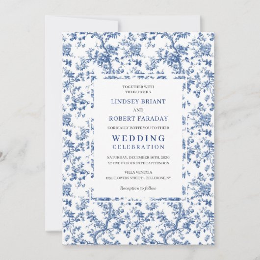 Elegant Dusty Blue Toile Floral Wedding Invitation 招待状 (正面)