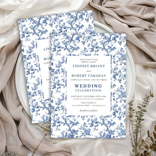 Elegant Dusty Blue Toile Floral Wedding Invitation 招待状