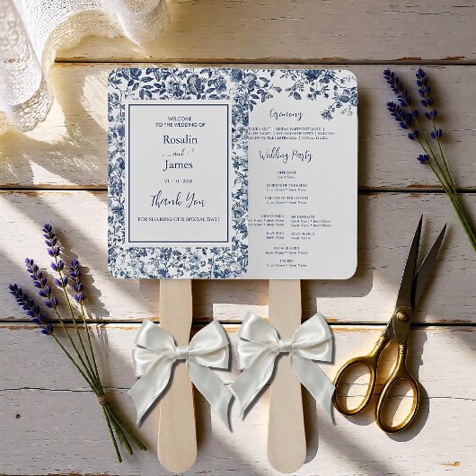 Elegant Dusty Blue Toile Floral Wedding Program ハンドファン