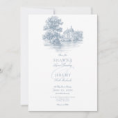Elegant Dusty Blue Toile French Manor Wedding 招待状 (正面)