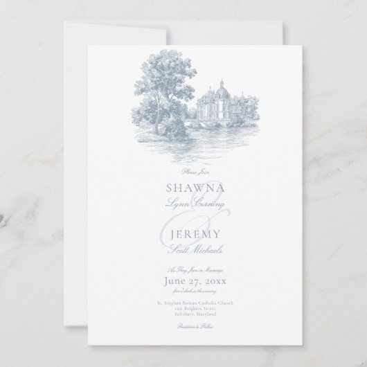 Elegant Dusty Blue Toile French Manor Wedding 招待状 (正面)