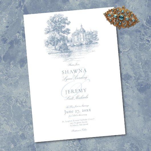 Elegant Dusty Blue Toile French Manor Wedding 招待状