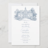 Elegant Dusty Blue Toile French Manor Wedding 招待状 (正面)