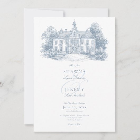 Elegant Dusty Blue Toile French Manor Wedding 招待状 (正面)
