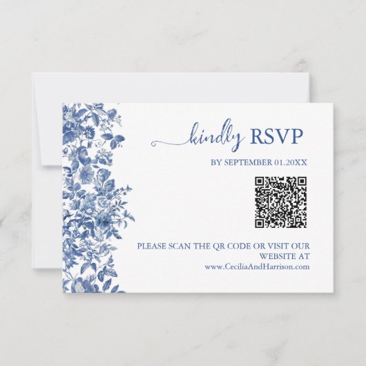 Elegant Dusty Blue Toile QR Code Wedding 出欠カード (正面)