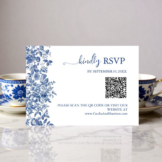 Elegant Dusty Blue Toile QR Code Wedding 出欠カード