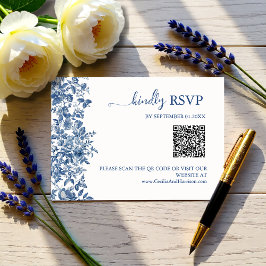 Elegant Dusty Blue Toile QR Code Wedding 出欠カード