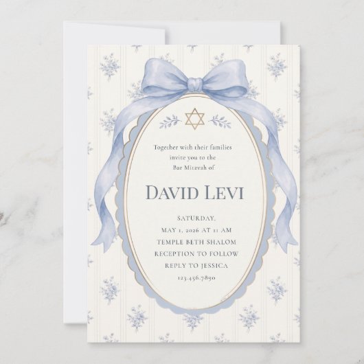 Elegant Dusty Blue Toile Ribbon Bar Mitzvah 招待状 (正面)