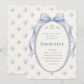 Elegant Dusty Blue Toile Ribbon Bar Mitzvah 招待状 (正面/裏面)
