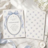 Elegant Dusty Blue Toile Ribbon Bow Baptism 招待状