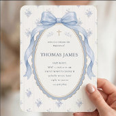 Elegant Dusty Blue Toile Ribbon Bow Baptism 招待状