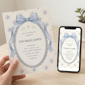 Elegant Dusty Blue Toile Ribbon Bow Baptism 招待状