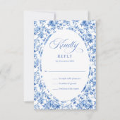 Elegant Dusty Blue Toile Roses Wedding RSVP Set (正面)