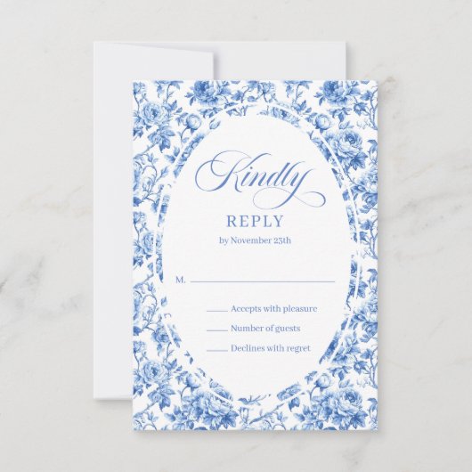 Elegant Dusty Blue Toile Roses Wedding RSVP Set (正面)