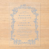 Elegant Dusty Blue Victorian Floral Frame Wedding アクリル招待状 (正面)