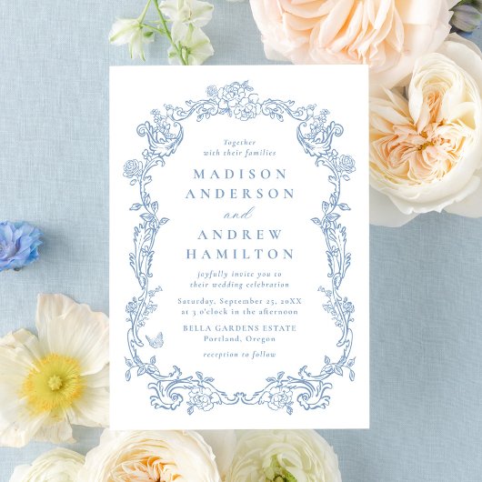 Elegant Dusty Blue Victorian Floral Frame Wedding 招待状