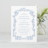 Elegant Dusty Blue Victorian Floral Photo Wedding 招待状 (スタンド正面)