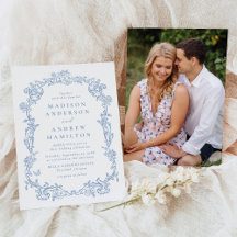 Elegant Dusty Blue Victorian Floral Photo Wedding