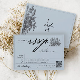 Elegant Dusty Blue Vintage Floral Boho Wedding 出欠カード