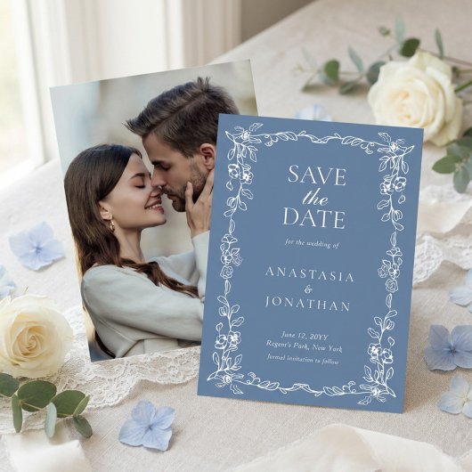 Elegant Dusty  Blue Vintage Floral Photo Wedding セーブザデート