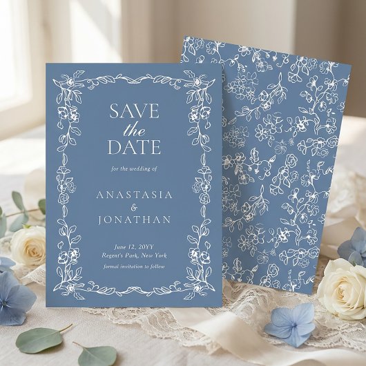 Elegant Dusty Blue Vintage Floral Wedding セーブザデート