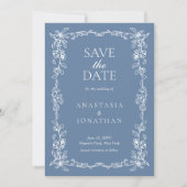 Elegant Dusty Blue Vintage Floral Wedding セーブザデート (正面)