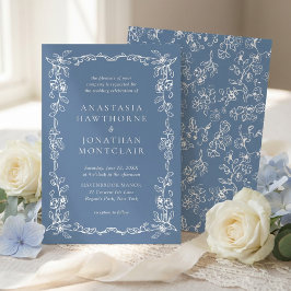 Elegant Dusty Blue Vintage Floral Wedding 招待状