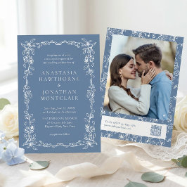 Elegant Dusty Blue Vintage Photo QR Code Wedding 招待状