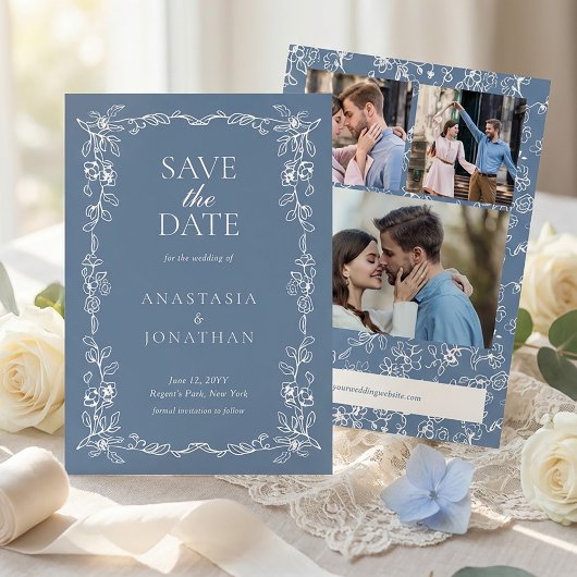 Elegant Dusty Blue Vintage Photo Wedding セーブザデート