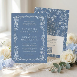 Elegant Dusty Blue Vintage QR Code RSVP Wedding 招待状