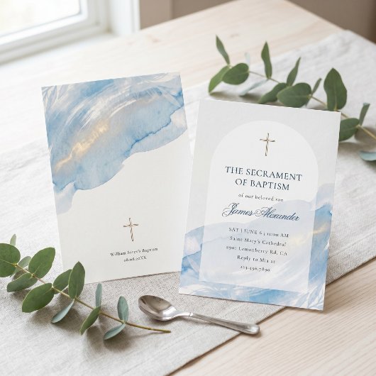 Elegant Dusty Blue Watercolor Arch Minimal Baptism 招待状