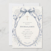 Elegant Dusty Blue Watercolor Bow Baby Boy Baptism 招待状 (正面)