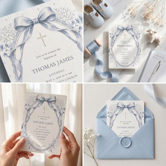 Elegant Dusty Blue Watercolor Bow Baby Boy Baptism 招待状